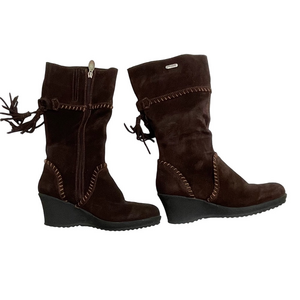 Pajar Brown Suede Mid-Calf Wedge Boots with Tassels – Size 40 US 9–9.5 shoes